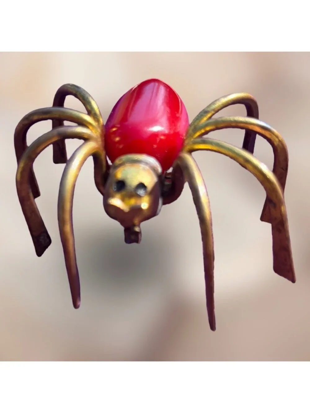 Brass Red Bakelite Glass Spider Brooch Articulated Legs Statement c.1930 Vintage